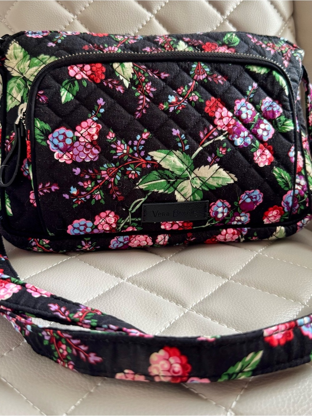 Vera Bradley Black Quilted Crossbody with Pink & Green Floral Print
